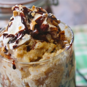 Peanut Butter Rice Pudding with Homemade Chocolate Sauce